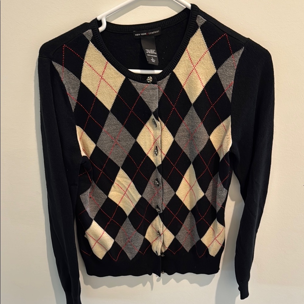 New York & Company Black and Cream Argyle Cardigan